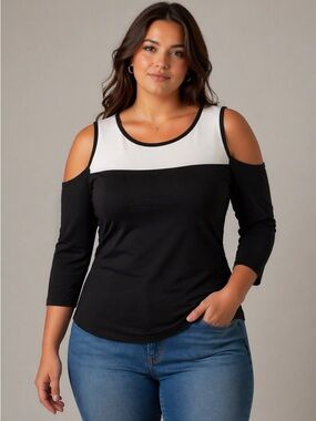 Cable & Gauge Black and White Cold Shoulder Top Large